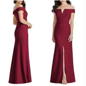 Dessy Collection Notched Off the Shoulder Crepe Gown Burgundy Wine Red 8 R NWT